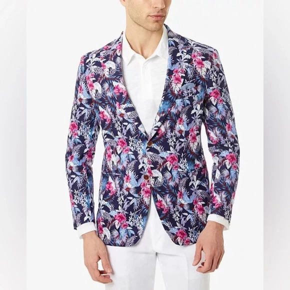 NWT TALLIA Men's Slim-Fit Magenta & Blue Floral Blazer 50 Regular Linen Blend - Picture 1 of 13
